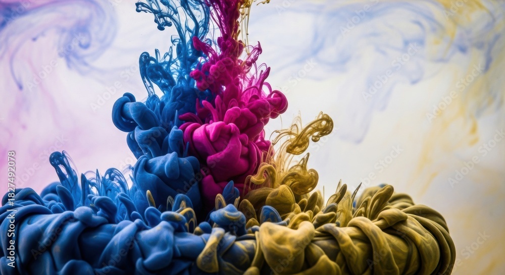 Obraz premium Vibrant blue, magenta, and yellow ink clouds swirling and mixing in water, creating a dynamic abstract explosion of colorful fluid motion against a light, clean background
