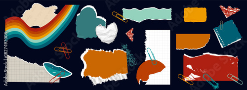 A collection of torn paper elements, notes, lips, tape, and paper clips in a collage style. Abstract shapes, textures, and bright colors for design, decoration, and creative projects. Blue,orange.