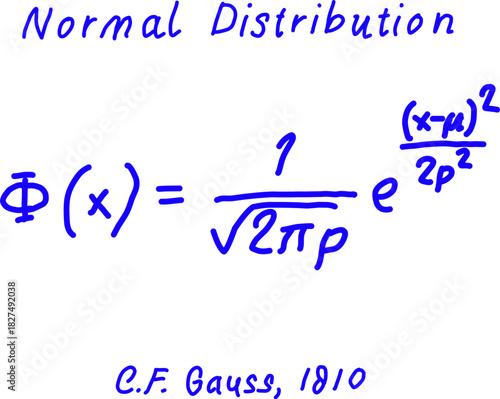 Handwritten blue illustration of the normal distribution formula, showing Gaussian equation with symbols, exponent, and mathematical notation on a clean white background.