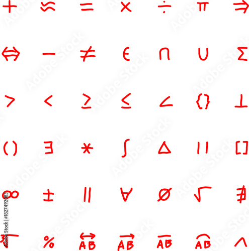 Collection of hand-drawn red math symbols and operators, perfect for educational materials, worksheets, infographics, and STEM-themed graphic design projects.
