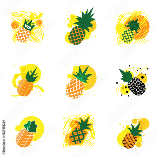 Fashion tropics funny pineapples print for T-shirt on colorful background