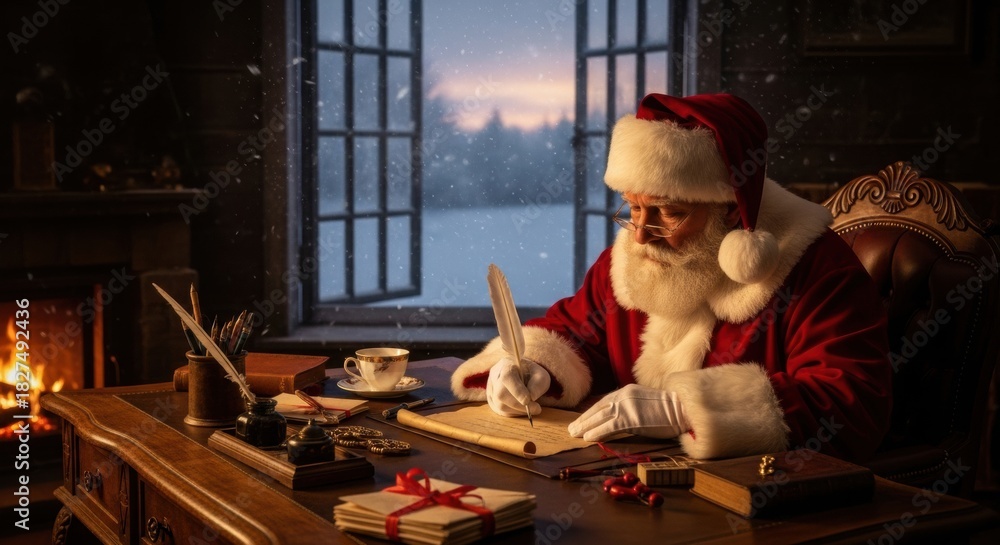 Fototapeta premium Santa Claus in a red suit writing on a parchment scroll with a quill pen while sitting at a wooden desk in a cozy, warm room with a fireplace and a snowy window