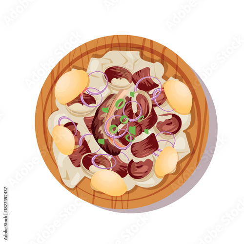 kazakh traditional nomadic food beshbarmak with cut vegetables and meat