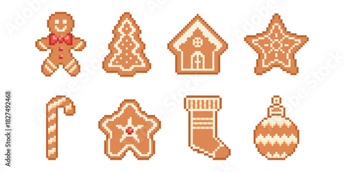 Christmas Gingerbread Cookies with Icing Pixel Art 8 bit game icon vector set