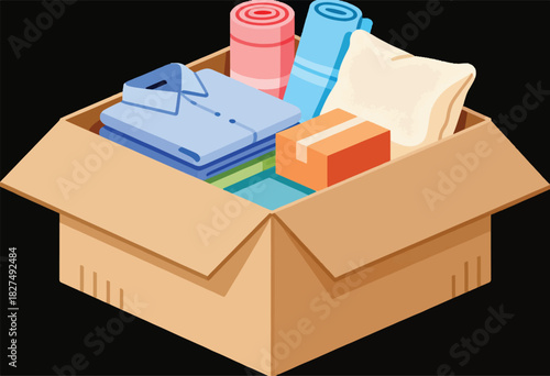 A full brown box containing folded clothes, a pillow, rolled mats, and a small package. Black background