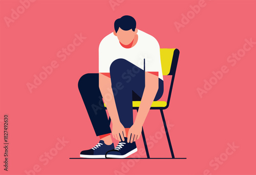 Vector illustration of a person sitting on a chair, tying their shoelaces, red backdrop