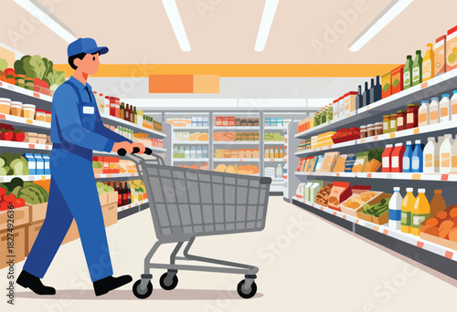 A cartoon illustration depicts a grocery store interior with shelves and a worker pushing a shopping cart