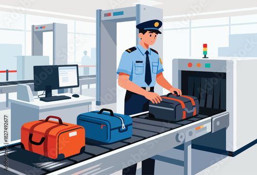 Airport security scene with a uniformed officer, conveyor belts, luggage, computers, and scanners
