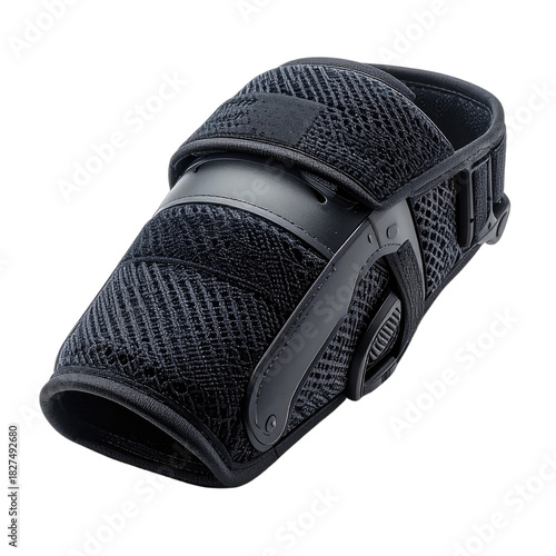 Close-up view of a black adjustable forearm or wrist brace against a dark background.