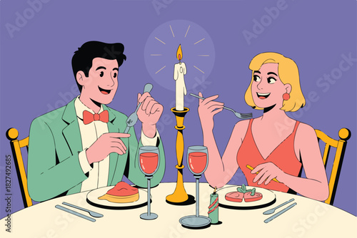 A couple, dressed formally, enjoy a candlelit dinner, with wine, plates, and cutlery on a table