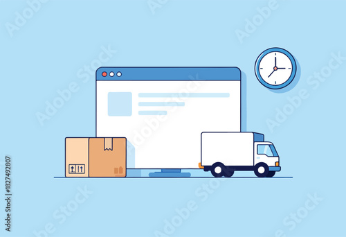 An illustration depicts online shopping with a monitor, boxes, a delivery truck, and a clock on a blue background
