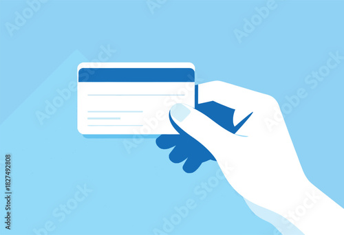 Illustration of a hand holding a credit card on a light-blue background, minimal, flat design