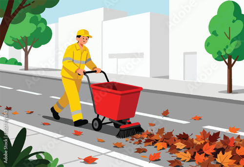 A street cleaner in yellow uniform uses a broom and cart to gather fallen leaves, with trees and buildings in the background