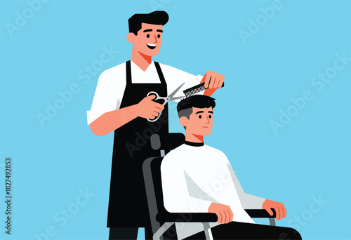 A barber, wearing a black apron, cuts a customer's hair. The customer sits in a chair
