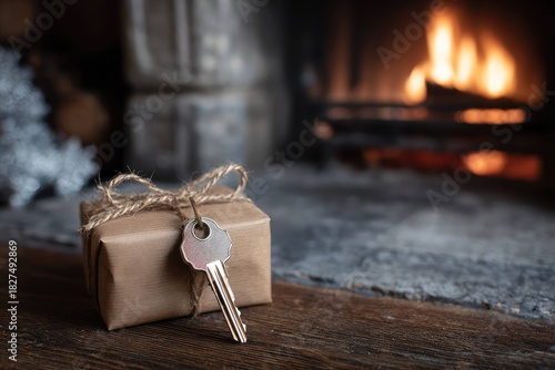 Golden Key and Christmas Gifts by the Fireplace