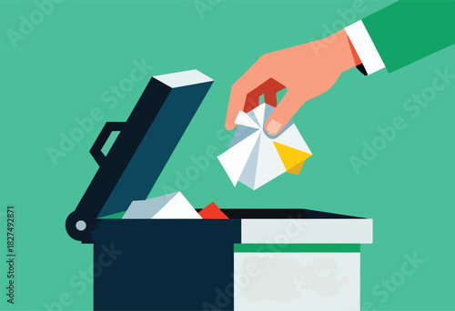 An illustration depicting a hand throwing crumpled paper into a trash can, simple shapes used