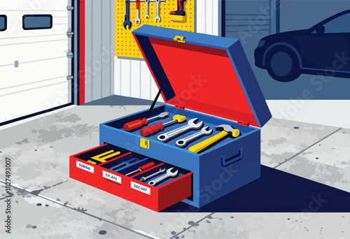 A stylized illustration presents a garage scene a toolbox open with tools, a pegboard, a partially visible car