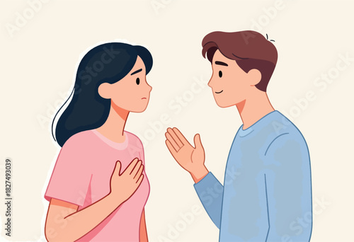 A couple illustrated in a light, soft style, communicating, with one looking upset, and the other talking with a hand gesture