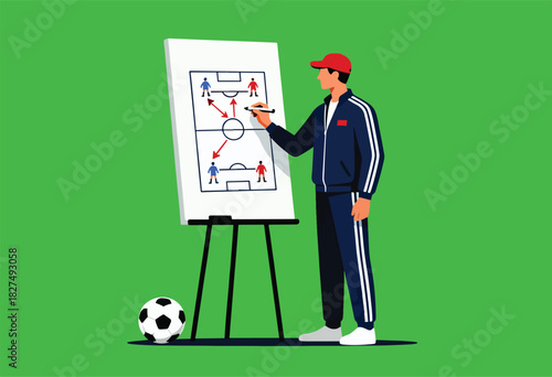 A coach, in a track suit and red cap, explains a soccer strategy on a whiteboard with a soccer ball nearby