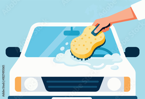 Illustration depicts a hand cleaning a car windshield with a yellow sponge and soapy bubbles