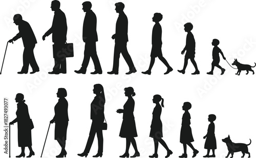 Life cycle silhouettes of humans and pets, aging stages from elderly to childhood, male and female figures, walking animals, profile vector illustration