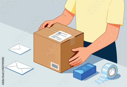 A person handles a shipping box with supplies, including envelopes, tape, and a small blue box