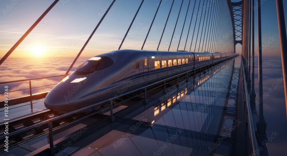 Naklejka premium Modern high-speed bullet train with illuminated windows travels on a futuristic suspension bridge above the clouds during a beautiful, scenic sunset