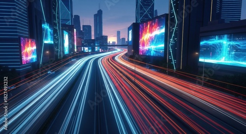 Futuristic city highway with long exposure light trails from traffic flowing through a vibrant metropolis with neon skyscrapers and digital billboards at twilight