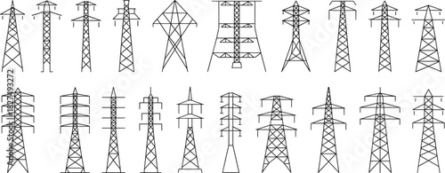 Electrical transmission tower vector set, black silhouette icons, power line structures, utility pylons collection, engineering design elements, infrastructure illustration, commercial use