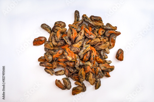 Mussels Pile Isolated on white background, Deshelled Clam, Peeled Mussel, Open Shellfish Seafood, Mussels Meat, Cooked Shellfish on Top View