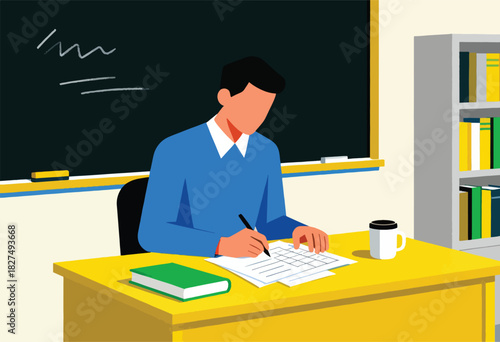 A teacher in a classroom sits at a desk, grading papers. Blackboard, books, and coffee cup are present