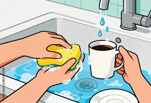Illustration of hands washing dishes, one holding a sponge and the other a mug with coffee as water drips from the faucet