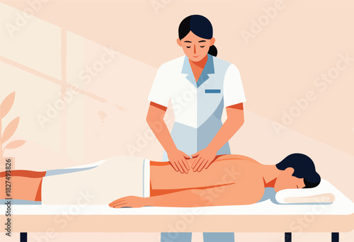 A medical professional massages a patient's back on a treatment table, creating a relaxing scene