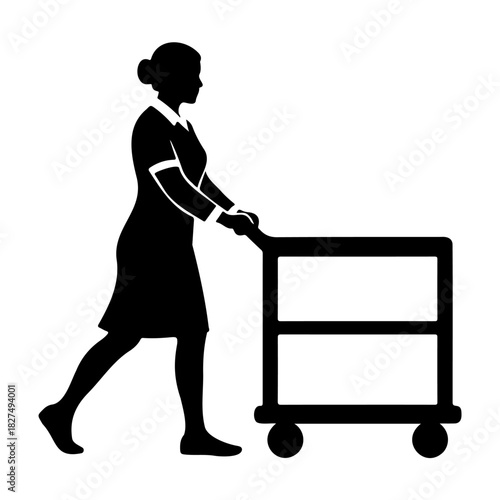 Silhouette of a woman pushing a cart with two shelves in black and white