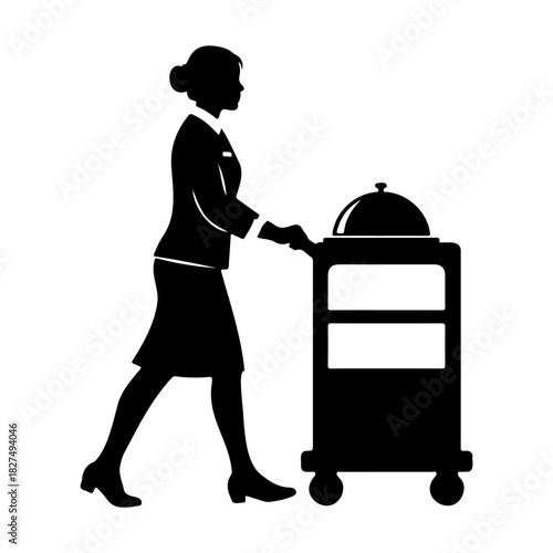 Silhouette of hotel worker pushing room service cart on white background