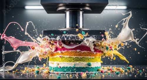 Colorful multi-layered rainbow cake exploding under the immense pressure of a hydraulic press, with vibrant frosting and cream splashing dramatically in a high-speed shot