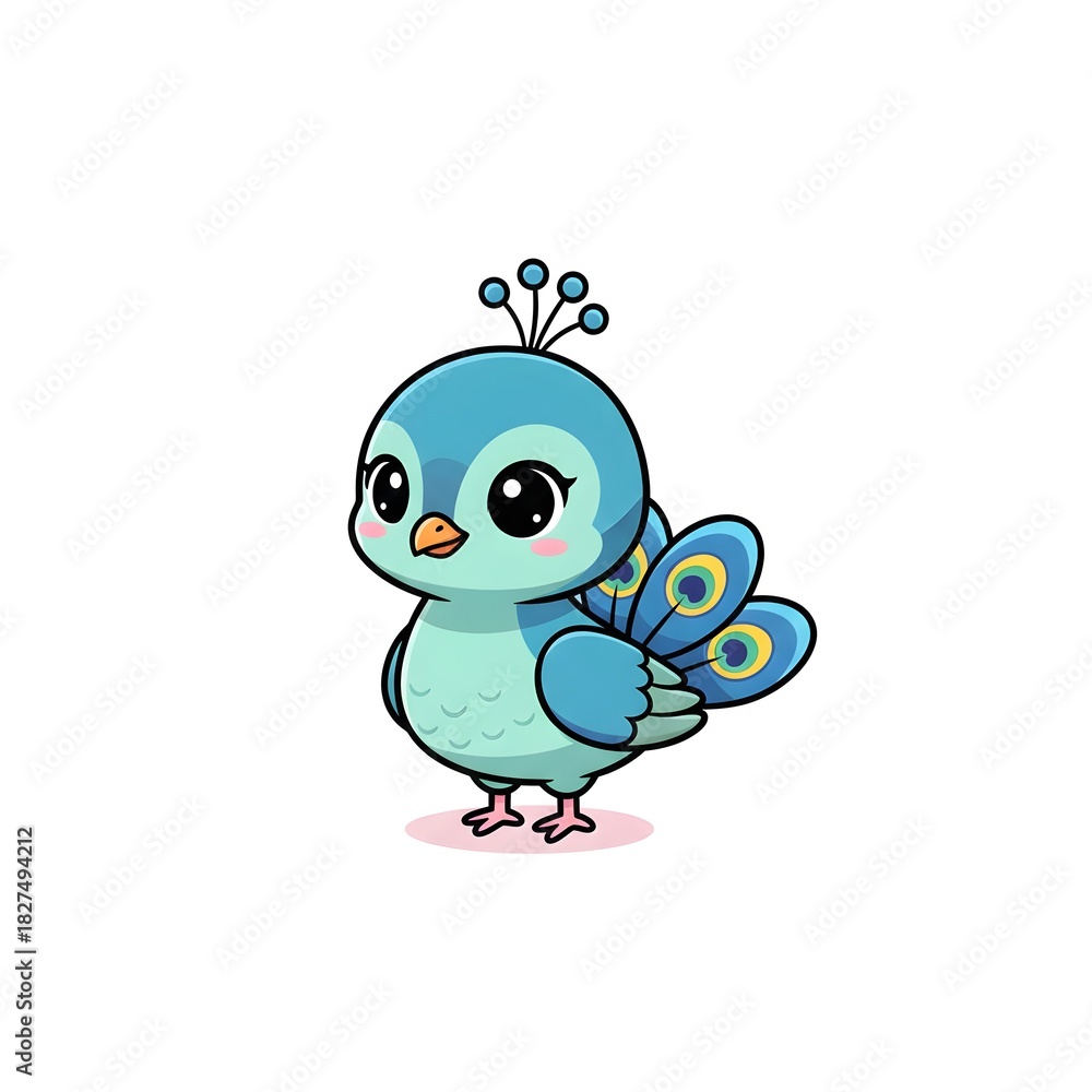 Obraz premium Baby peacock with small tail feathers soft rounded body and elegant kawai style cut kawai images jpg