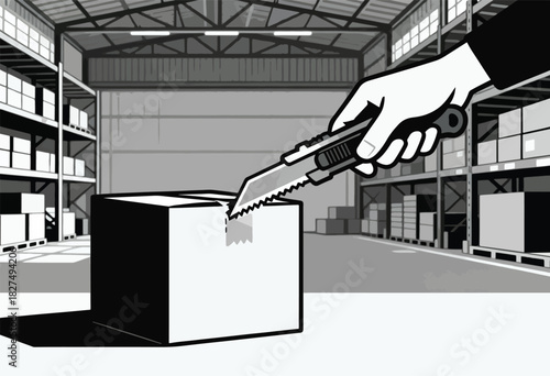 A grayscale warehouse scene depicts a hand with a box cutter slicing a tape seal on a box