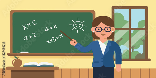 Teacher cartoon illustration in a school classroom with students and a blackboard for education and lesson study