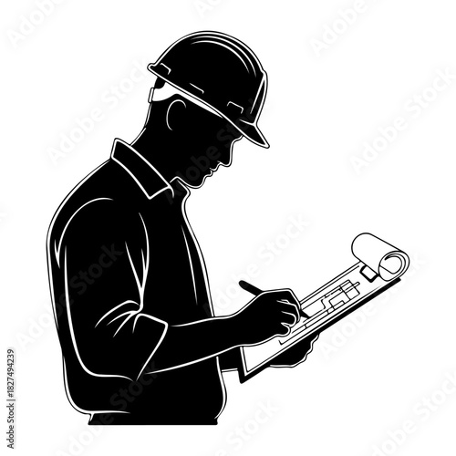 Silhouette of a construction worker writing on a clipboard with a pen tool