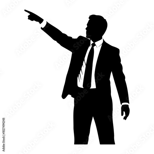 Silhouette of a man in a suit pointing his finger to the upper left