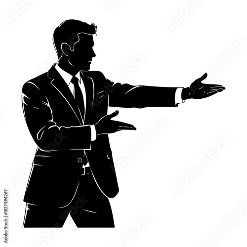 Silhouette of a man in a suit gesturing with outstretched hands to side