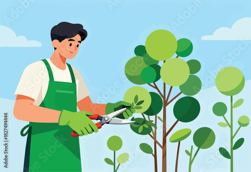 A person in green apron and gloves trims a tree with red-handled shears against a light-blue sky