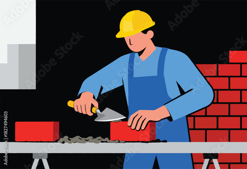 A construction worker lays bricks. He wears a hardhat, overalls, and uses a trowel. A brick wall rises in the background