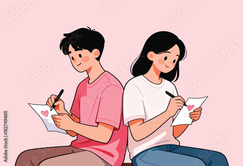 Illustration depicts a young couple writing love letters, each holding a pen and paper with a heart drawn
