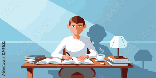 student reading books on desk and bench