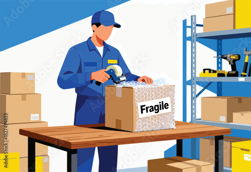 An illustrated worker in blue uniform seals a "Fragile" box with tape, preparing to ship. Shelves and boxes in the warehouse