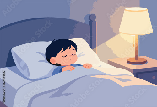 A child sleeps soundly in a bed, illuminated by warm lamplight, in a calm, evening illustration