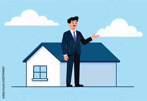 A smiling man in a suit gestures towards a simple house with two clouds in the sky