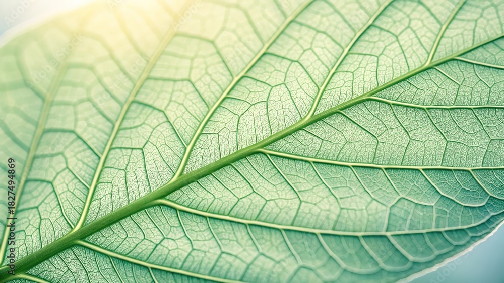 Obraz premium Macro view of a soft green leaf showcasing delicate veins under gentle sunlight